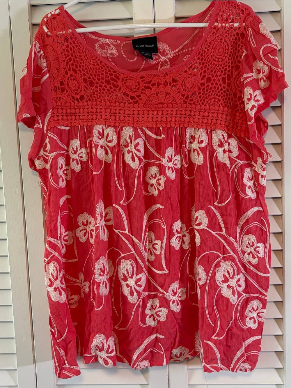 Red/Coral Floral Crochet Yoke Women’s Top